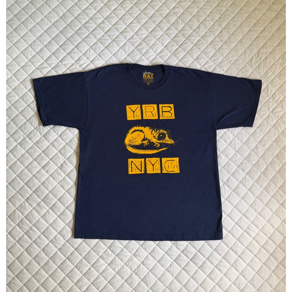 Y2K VTG Yellow Rat Bastard NYC Graphic T-Navy Blue Shirt Sz XL Like New Rare